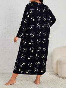 Plus Size Women's Round Neck Long Sleeve Pajama Dress With Moon And Star Print, Comfortable As Loungewear Or Casual Pajama Dress, Fall , Moo Moo Cozy And Elegant Details - Black - View 2