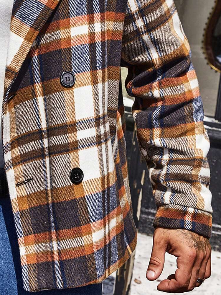 Manfinity Homme Loose Fit Men's Plaid Double Breasted Overcoat - Multicolor - View 5