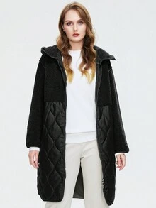 Astrid Plus Zip Up Contrast Teddy Hooded Quilted Coat - Black - View 5