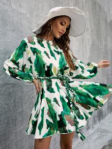 Glamaker Women's Random Printed Belted Dress - Green - View 4