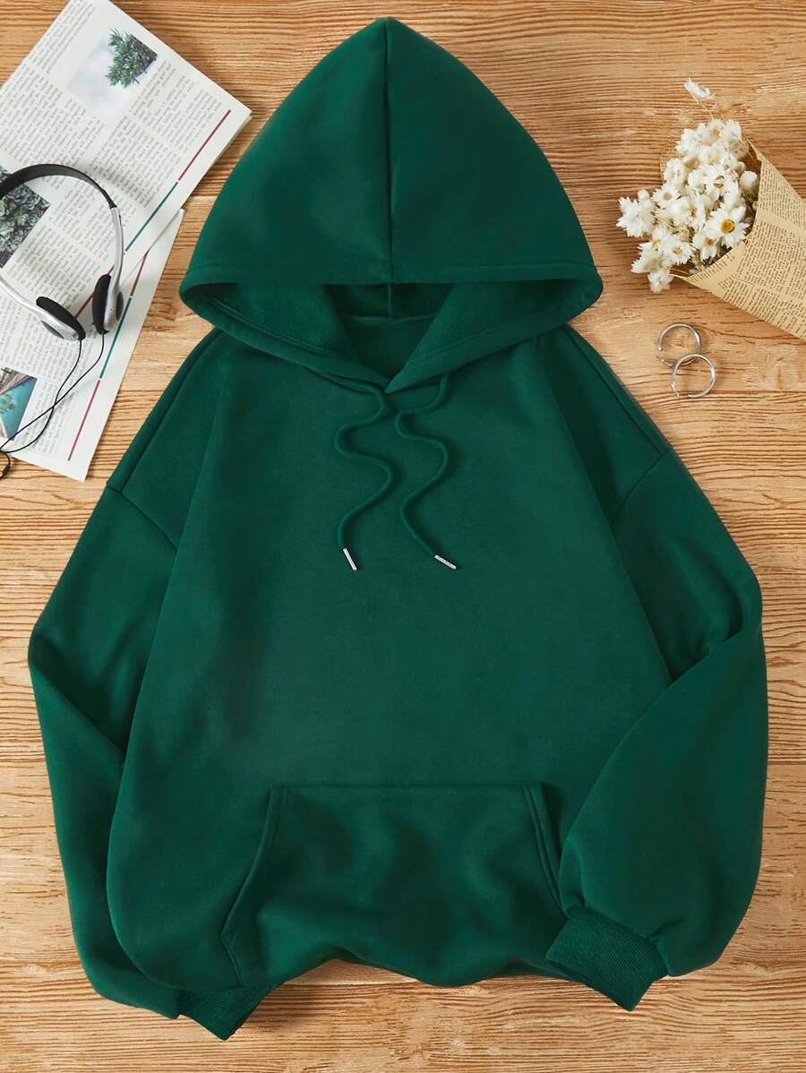 INAWLY Kangaroo Pocket Drawstring Hoodie,Long Sleeve Tops - Dark Green - View 1