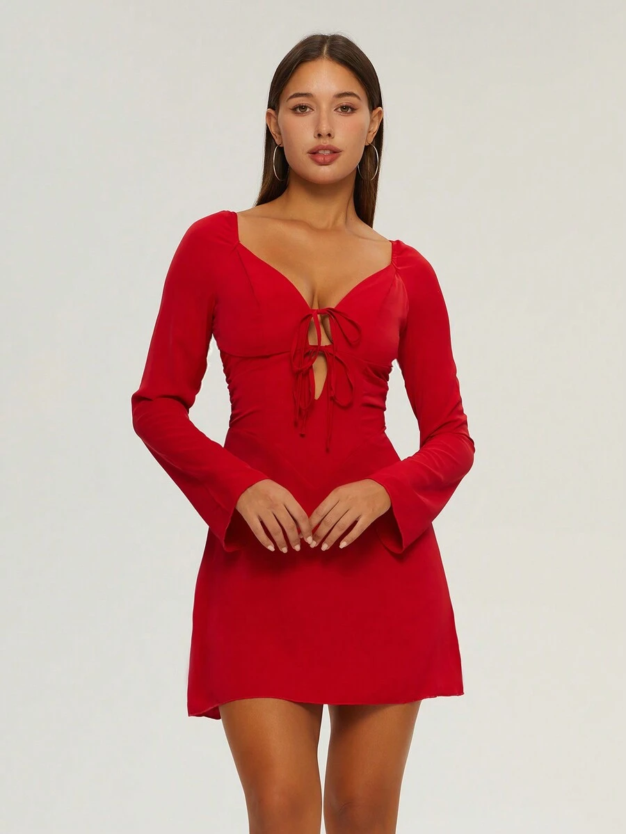 Flare Sleeve Tie Front Dress - Red - View 1