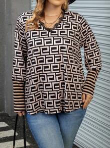 Calvaya Plus Striped & Geo Print Eyelash Lace Trim Tee - Multicolor - View 1