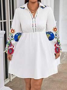 Calvaya 大碼印花燈籠袖洋裝 - 杏色 - 查看 4