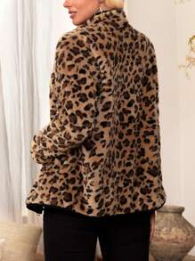 EMERY ROSE Abrigo teddy con patrón de leopardo con cremallera - Multicolor - Ver 2