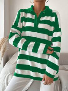 EURMUSE Striped Pattern Drop Shoulder Sweater - Green - View 6