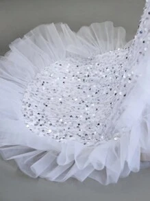 女童闪亮美人鱼风格及地长裙，带荷叶边下摆，适合演出、婚礼、派对和生日 - 白色 - 查看 5