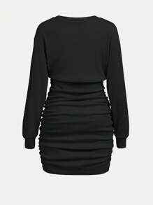 SHEIN 适合参加派对的少女长袖褶饰连衣裙 - 黑色 - 查看 2