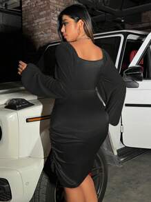 Flirla Hơn Cổ Trái tim Tay áo lồng đèn Bên dây rút Xa ten Váy bodycon - màu đen - Xem 2