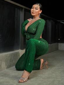 SHEIN SXY Plunging Neck Tie Front Crop Top & Flare Leg Pants - Green - View 5