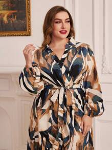 Mulvari Plus Size Printed V-neck Knotted Front Lantern Sleeve Dress With Tassel Hemline - Multicolor - View 4