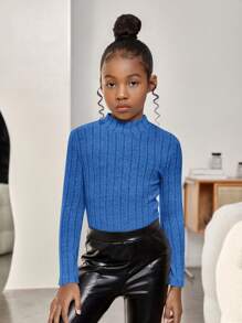 SHEIN 兒童女童純色長袖高領針織T恤，帶織紋細節 - 寶藍色 - 查看 3