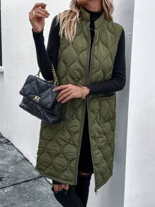 SHEIN LUNE 女士洋葱圈形加垫羽绒背心，双口袋，长款 - 綠色 - 查看 6
