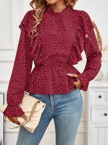 SHEIN LUNE 波點圖案荷葉邊喇叭袖荷葉邊下擺襯衫 - 紅色 - 查看 4