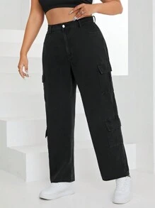 SHEIN EZwear Plus Size Solid Color Flip Pocket Jeans - Black - View 5