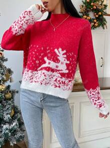 Christmas Pattern Mock Neck Drop Shoulder Sweater