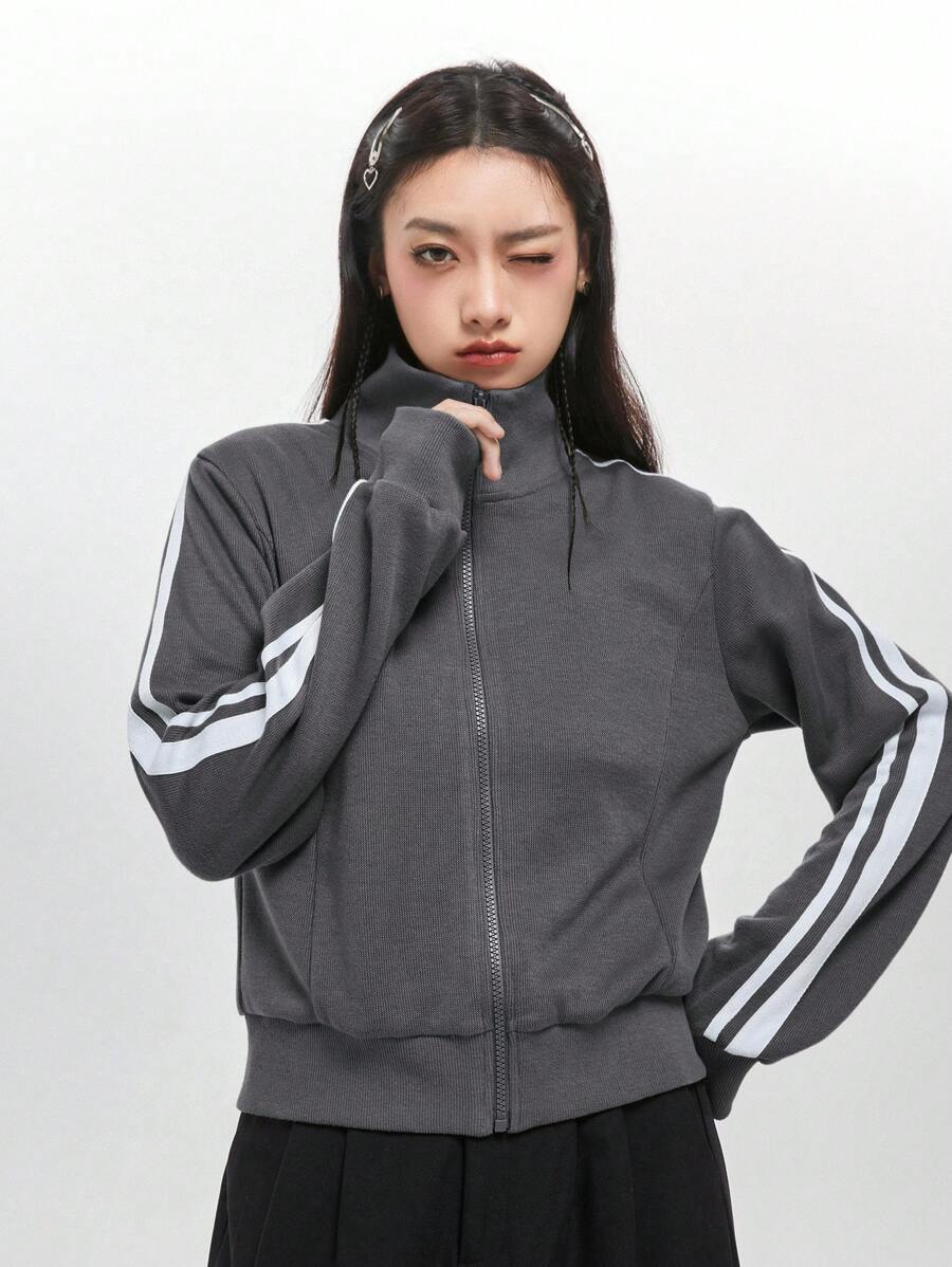 DAZY 條紋圖案側邊拉鏈運動衫 - 灰色 - 查看 1