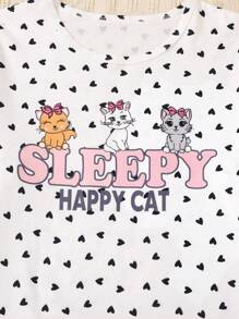 SHEIN Tween Girl Heart & Cat Pattern Printed Pajama Set