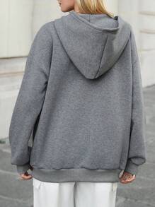SHEIN EZwear Women's Dark Grey Letter Graphic Zip Up Hoodie,Drop Shoulder Thermal Lined Drawstring Sweatshirt,Autumn Streetwear Everyday Back-To-School Outfits - Dark Grey - View 2