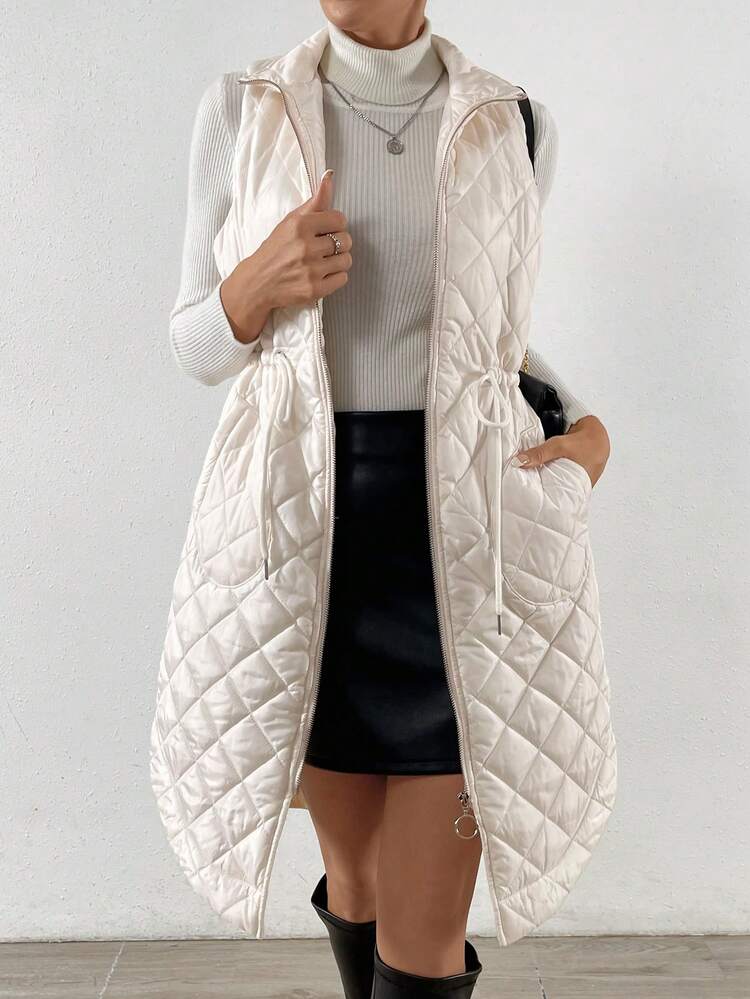 Drawstring Waist Zipper Vest Quilted Padded Coat Clothes Winter
