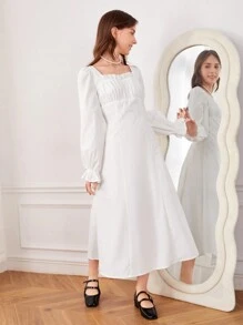 SHEIN Thiếu niên cô gái Cổ Trái tim tay áo lá sen Nếp gấp Phần Ngực Đầm - trắng - Xem 3