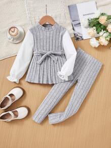 SHEIN 小女孩針織純色立領上衣搭配梭織純色泡泡袖,搭配針織褲 - 彩色 - 查看 1