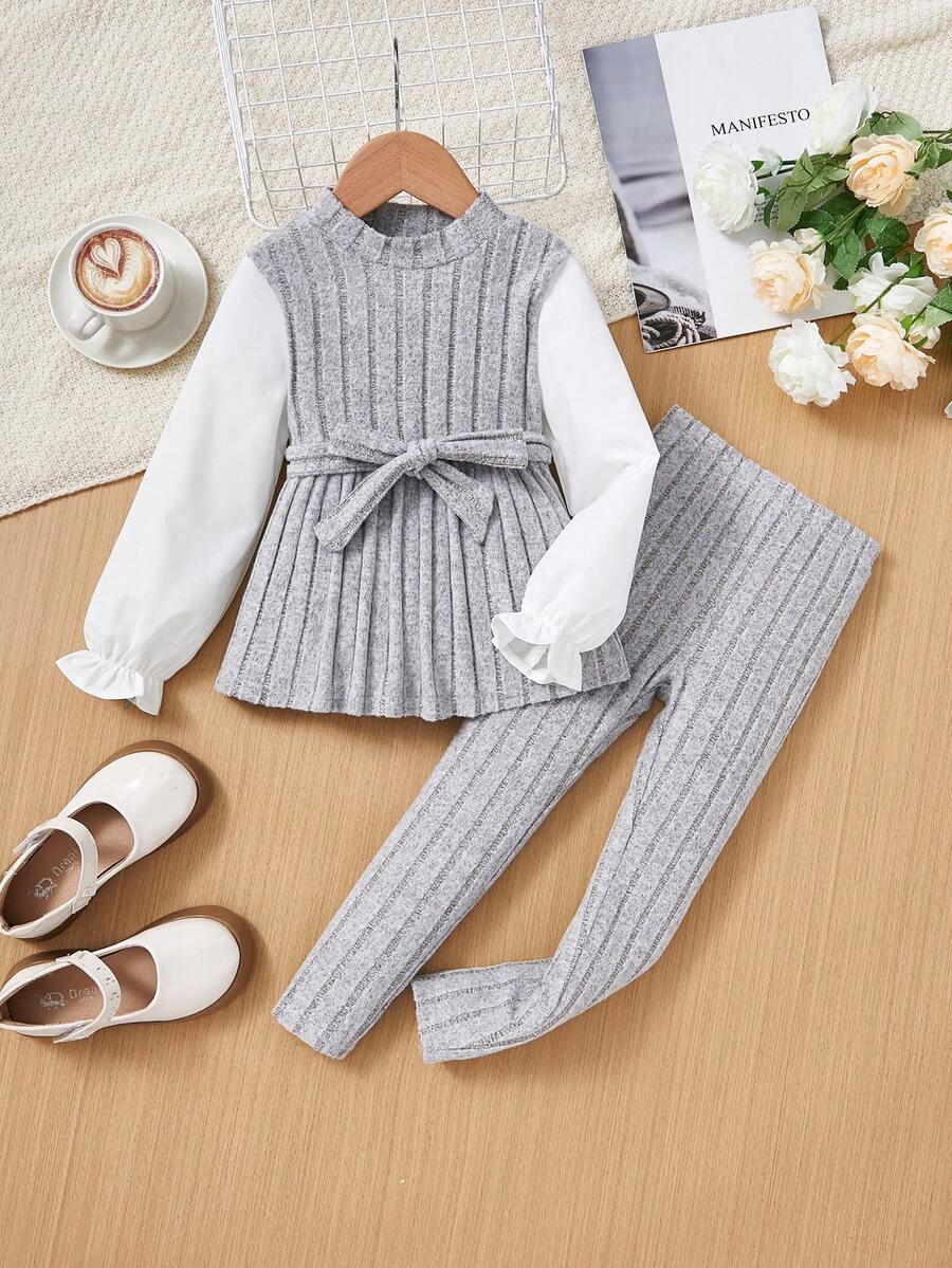 SHEIN 小女孩針織純色立領上衣搭配梭織純色泡泡袖,搭配針織褲 - 彩色 - 查看 1