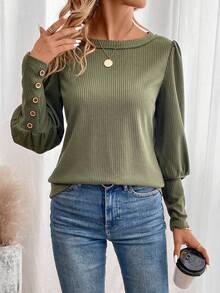 SHEIN LUNE Chi tiết Nút Tay áo Áo thun - màu xanh lá - Xem 6