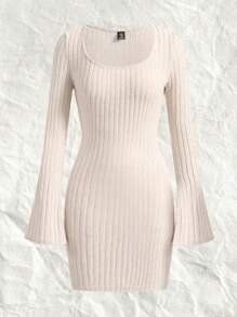 SHEIN EZwear 大碼大圓領緊身洋裝 - 卡其色 - 查看 1