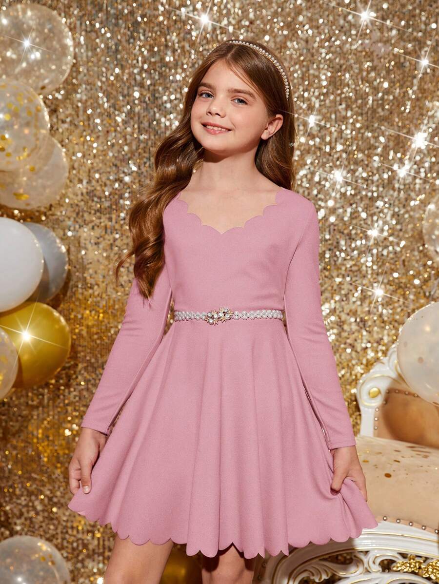 SHEIN Tween Girl Solid Color Long Sleeve Arc Hem Dress Without Belt, Suitable For Spring And Autumn - Baby Pink - View 1