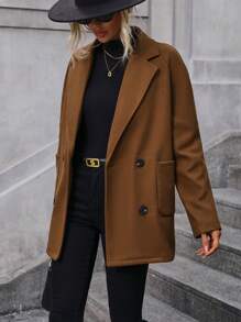 SHEIN Privé Lapel Neck Double Breasted Dual Pocket Raglan Sleeve Blazer - Coffee Brown - View 1