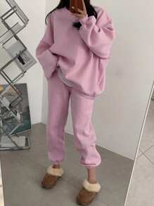 DAZY Women's Solid Color Drop Shoulder Hoodie And Pants Two Piece Set Lounge Sets For Women - Pink - View 5