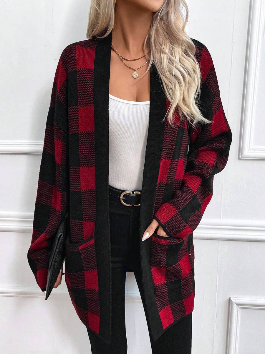 SHEIN Essnce Buffalo Plaid Pattern Drop Shoulder Cardigan - Burgundy - View 1