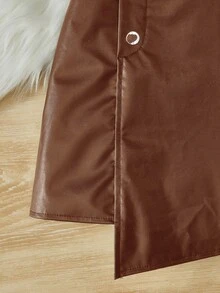 SHEIN 女大童紐扣細節不對稱下擺PU皮革半身裙 - 棕色 - 查看 5