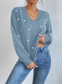 EURMUSE Heart Pattern Drop Shoulder V Neck Sweater - Blue - View 4