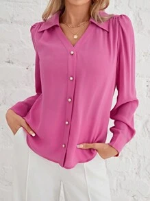SHEIN Frenchy Của phụ nữ Ống tay áo Áo sơ mi Với Cổ bẻ - Màu Hồng Tươi - Xem 4