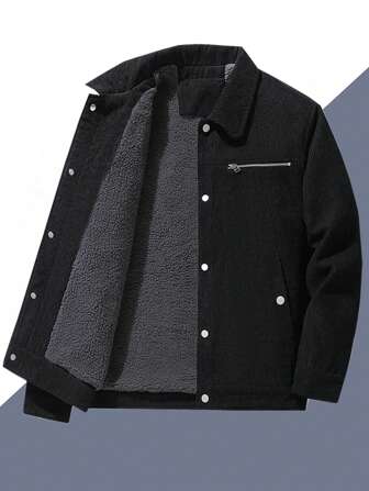 Men Long Sleeve Letter Graphic Teddy Lined Padded Coat, For Fall Winter