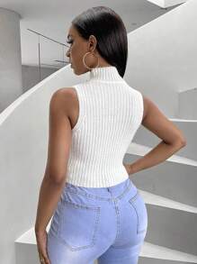 Zolique Mock Neck Ribbed Knit Sweater Vest - White - View 2