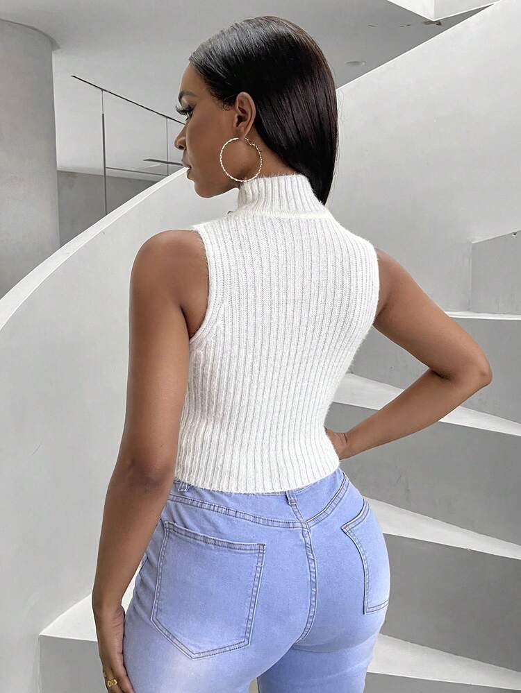 Mock Neck Ribbed Knit Sweater Vest