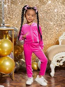 SHEIN Leap Crew Young Girl Rhinestone Letter Pattern Velvet Hoodie & Sweatpants - Hot Pink - View 2