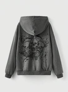 ROMWE Grunge Punk Casual Skull Print Hooded Sweatshirt, Spring & Autumn