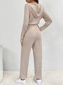 SHEIN Frenchy Solid Zip Placket Hooded Rib-knit Jumpsuit - Apricot - View 2