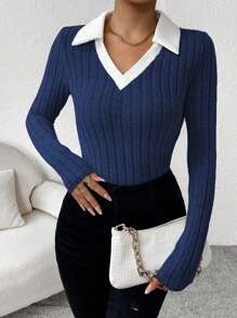 Selianne Contrast Collar Ribbed Knit Tee Graphic Tees Women Tops Fall Cloth For Women - Royal Blue - View 4