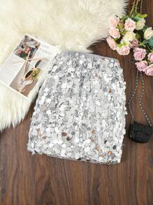 Teen Girl Sequin Decor Elastic Waist Skirt - Silver - View 2