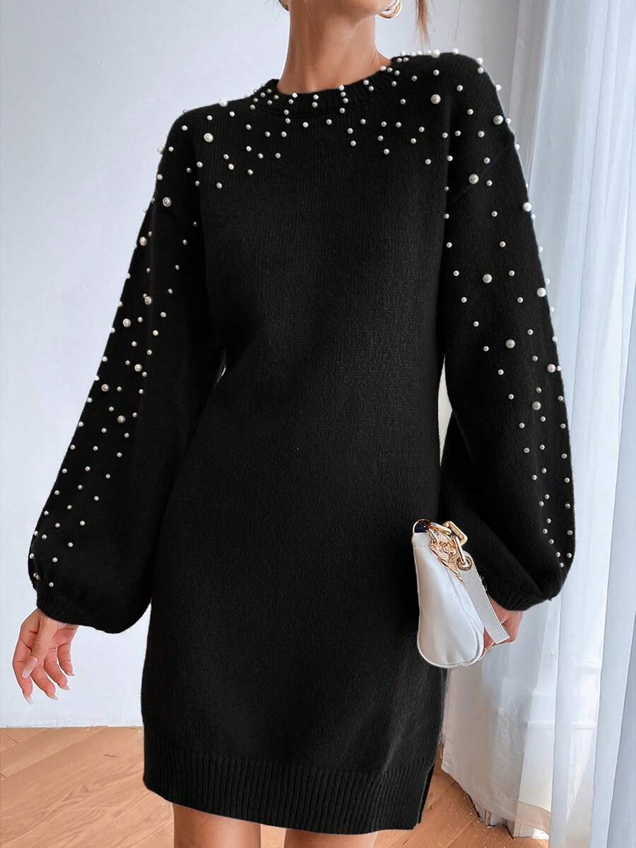 SHEIN LUNE Ngọc trai đính cườm Tay áo lồng đèn Đầm Áo len - màu đen - Xem 1