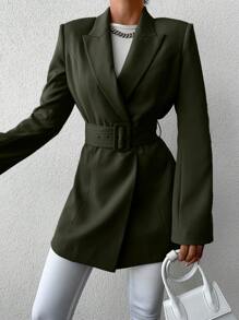 EURMUSE Women's Long Sleeve Belted Suit Jacket - Olive Green - View 5