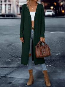 SHEIN LUNE Chất rắn Mở Mặt trước Thả vai Viền chia cắt Áo len Duster - Màu xanh lá cây đậm - Xem 6