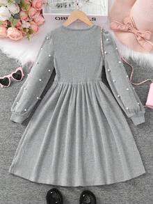 SHEIN Tween Girl Solid Color Round Neck Long Sleeve Beaded Bubble Sleeve Dress - Light Grey - View 2