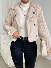 SHEIN LUNE Cổ áo Tay Raglan Áo Teddy Jackets - Màu Khaki - Xem 5