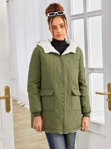 SHEIN Teen Girl Flap Pocket Teddy Lined Hooded Coat - Army Green - View 4